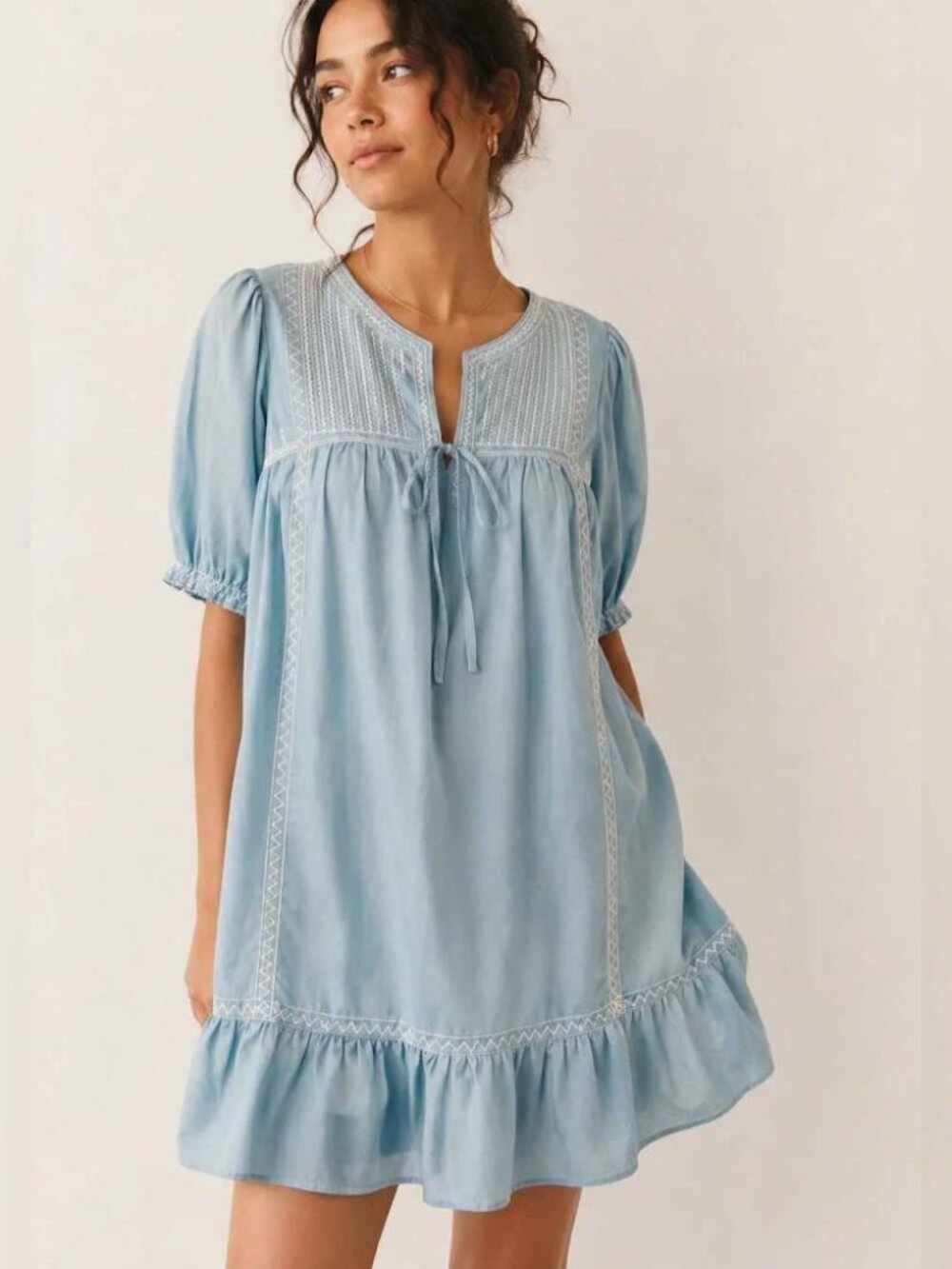 Anthropologie Blue Tassel Embroidered Dropwaist Ruffle Babydoll Mini Dress NWT M